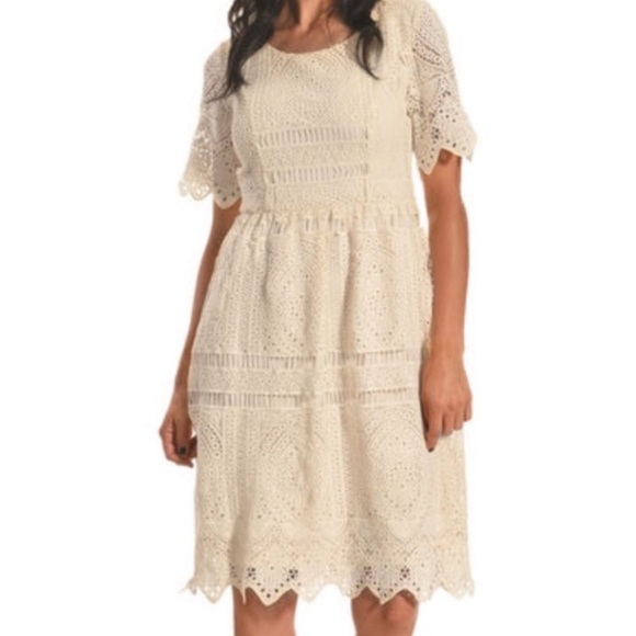 Polagram Size S Cream Boho Coquette Crochet Detail Knee Length Dress - Picture 1 of 10